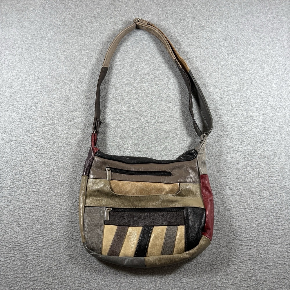 ⁠Vtg 90s Genuine Leather Patchwork Shoulder Bag Boho Earth Tone Hobo Crossbody